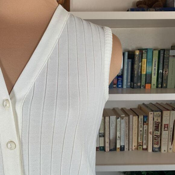Vintage 70s Cardigan Sweater Vest Oatmeal Sleeveless Knit Vneck Button Front - Picture 5 of 9